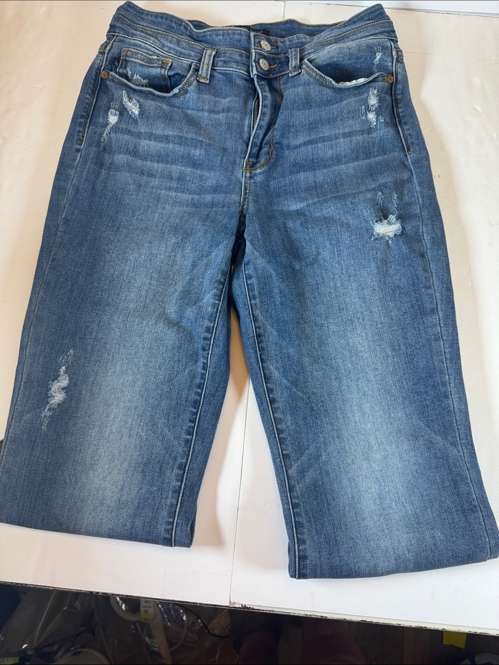 Judy Blue Medium Blue Distressed Straight-Leg Jeans